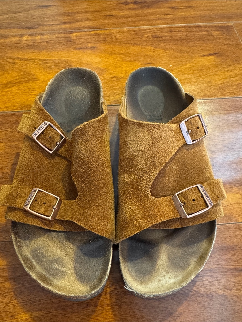 Birkenstock Suede Two-Strap Sandals in Chestnut Brown